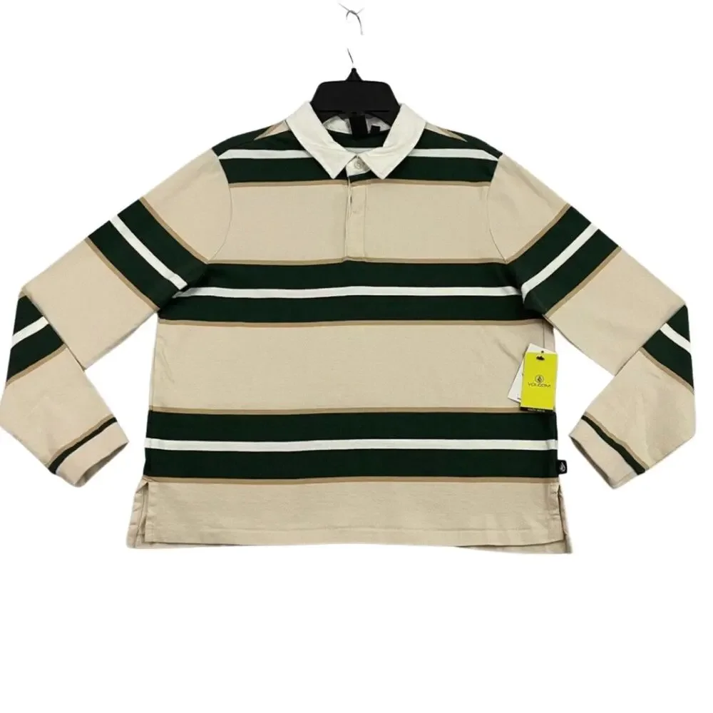 Volcom Polo Shirt Girls Size XL 14-16 Long Sleeve Beige Striped Rugby NEW